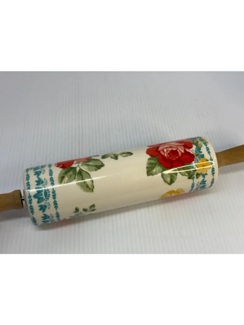 Pioneer Woman Rolling Pin Retired Vintage Flower Pattern Ceramic Wooden Handles